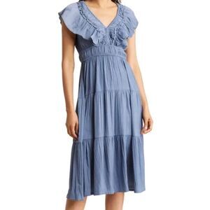 Joie Blue flutter Ruffle Pleated Crinkle Sundress Midi Dress Womens M